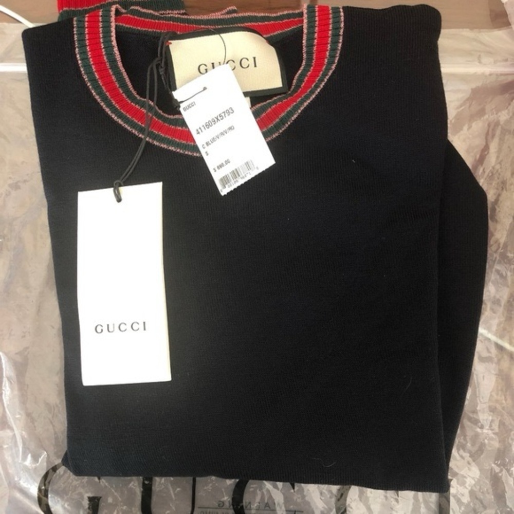 Gucci Black Crewneck Sweater with Red and Green Trim